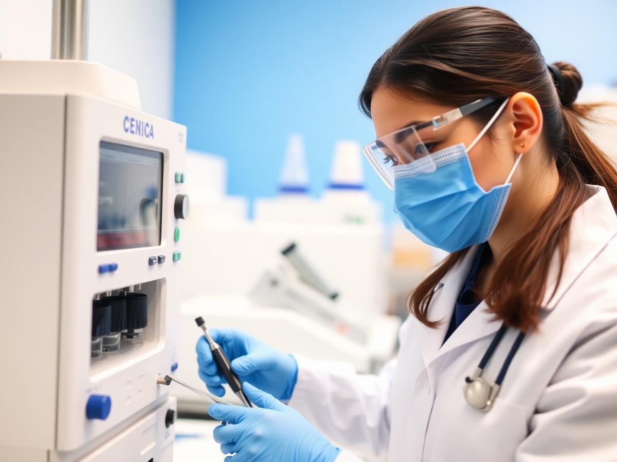 Técnica biomédica calibrando un analizador de laboratorio